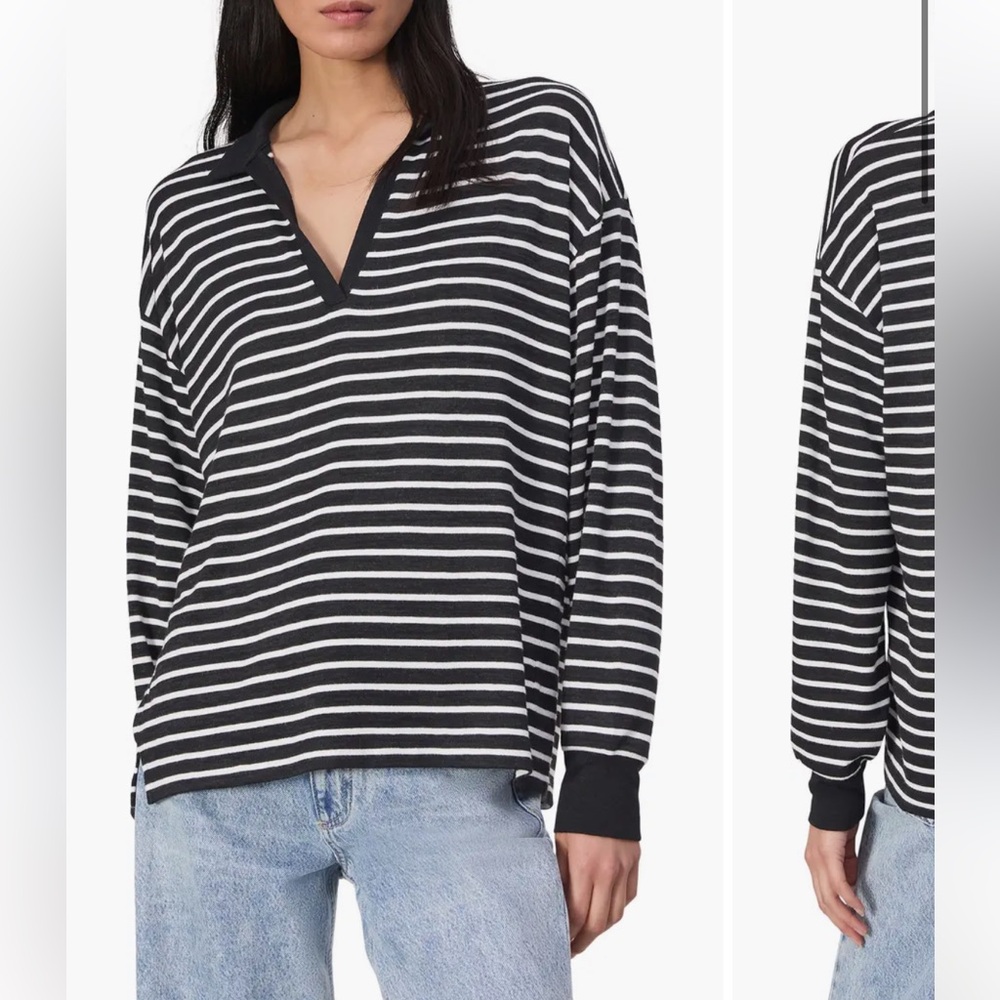 Rag & Bone Striped V-Neck Long Sleeve Polo Top in Black & White
